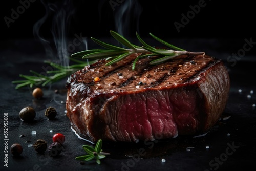 Grilled beef steak on a dark background. AI generated