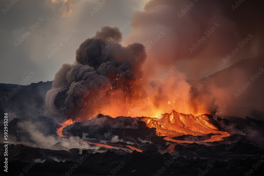 volcanic eruption, with lava flow and smoke billowing from the vent ...