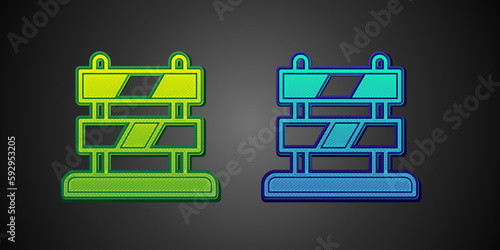 Green and blue End of railway tracks icon isolated on black background. Stop sign. Railroad buffer end to destination. Vector