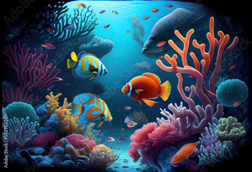 underwater coral reef seascape background with small coloful fish and transparent water