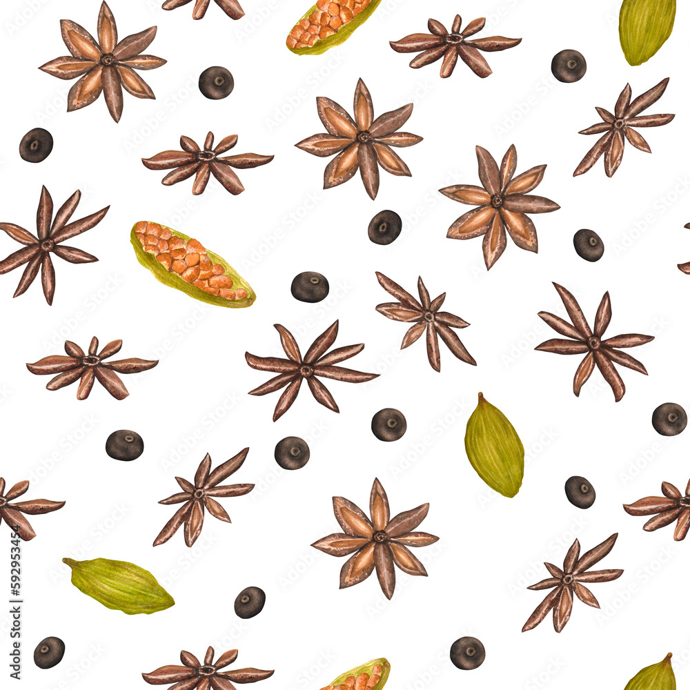 Hand drawn watercolor seamless pattern with spices: anise, cardamom and ...