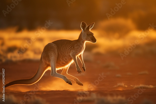 An Australian kangaroo hopping in the outback at golden hour created with generative AI