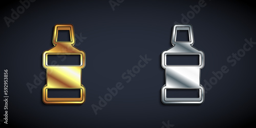 Gold and silver Mouthwash plastic bottle icon isolated on black background. Liquid for rinsing mouth. Oralcare equipment. Long shadow style. Vector