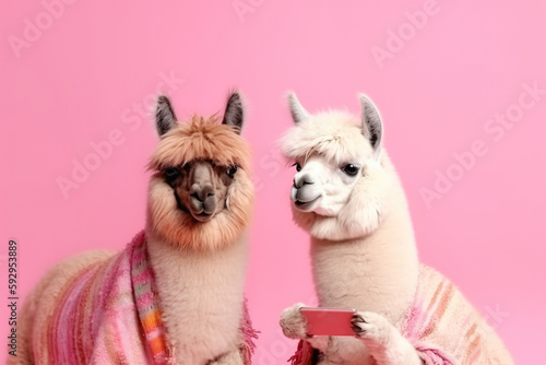 two hipster llamas with a phone on a pink background, Generative AI © gankevstock