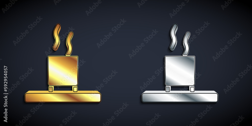 Gold and silver Cup of tea icon isolated on black background. Long shadow style. Vector Gold and silver Cup of tea icon isolated on black background. Long shadow style. Vector