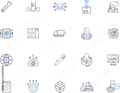 Industry outline icons collection. Manufacture, Business, Factory, Conglomerate, Commerce, Trade, Retail vector and illustration concept set. Service, Process, Production linear signs