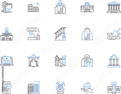 Property investment outline icons collection. investment, property, realestate, rentals, yielding, revenue, capital vector and illustration concept set. return, leasing, mortgaging linear signs