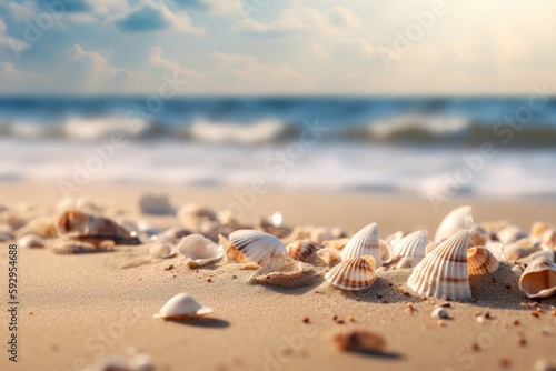 Summer concept sandy beach background with seashells. AI generated