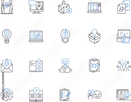 Marketing concept outline icons collection. Strategy, Promotion, Customers, Segmentation, Brand, Research, Targeting vector and illustration concept set. Advertising, Perception, Social linear signs