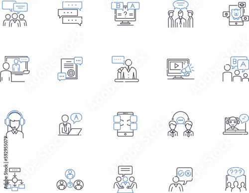 Speech outline icons collection. Speaking, Oratory, Reciting, Rhetoric, Elocution, Pronunciation, Vocalizing vector and illustration concept set. Intonation, Invective, Utterance linear signs