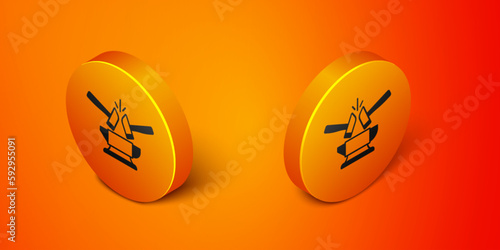 Isometric Blacksmith anvil tool and hammer icon isolated on orange background. Metal forging. Forge tool. Orange circle button. Vector