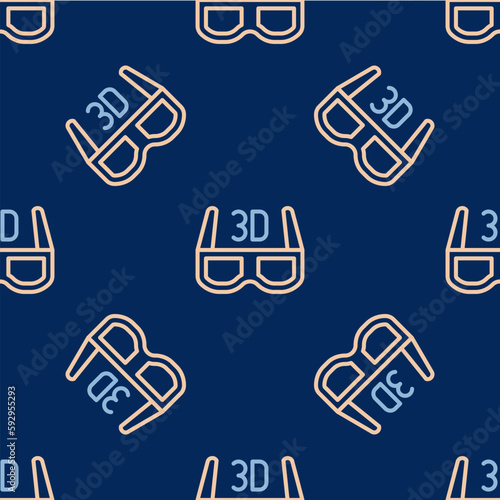 Line 3D cinema glasses icon isolated seamless pattern on blue background. Vector