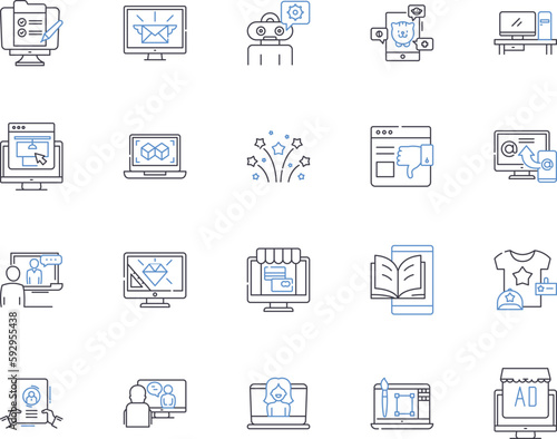 Digital media agency outline icons collection. Digital, media, agency, web, marketing, social, media vector and illustration concept set. strategy,content,creation linear signs