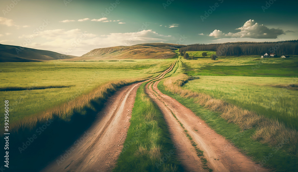 Naklejka premium Scenic view of dirt road and grassy field with large cumulus clouds in the sky, Generative ai