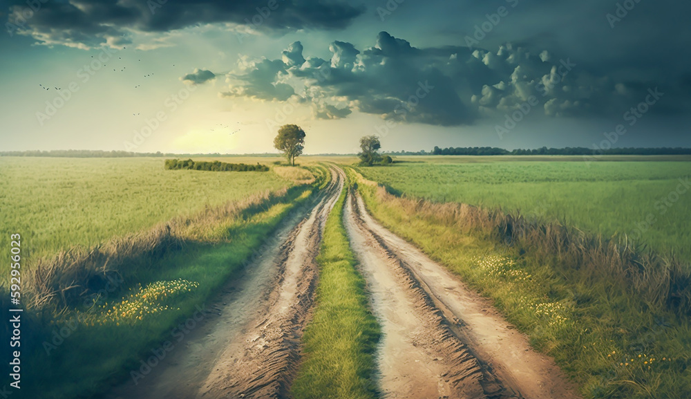Scenic view of dirt road and grassy field with large cumulus clouds in the sky, Generative ai