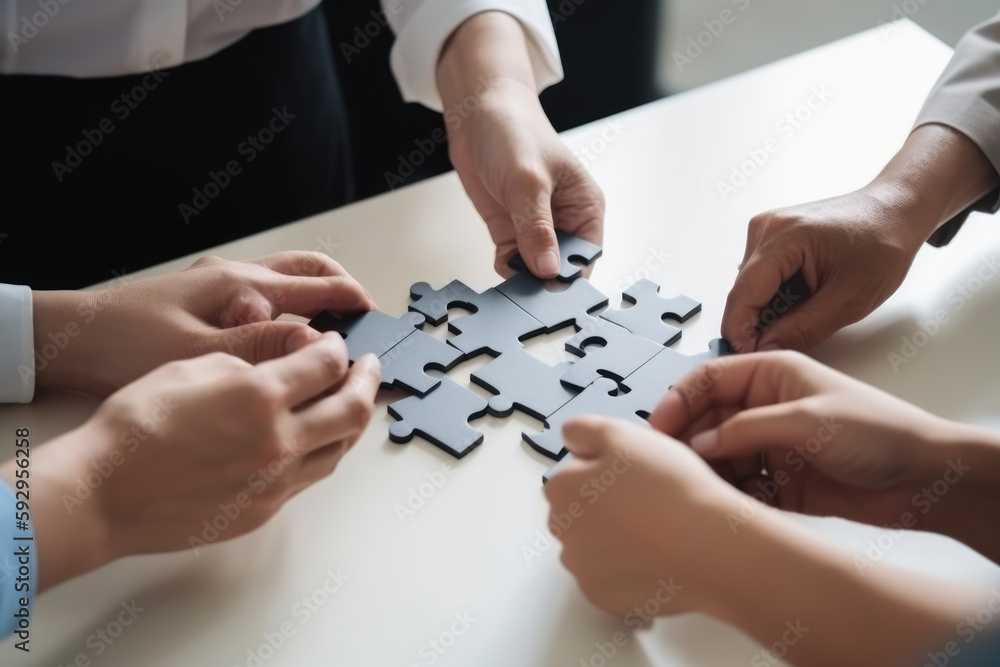 Business people with jigsaw puzzle pieces in office, Successful teamwork and partnership concept Business people with jigsaw puzzle pieces in office, Successful teamwork and partnership concept
