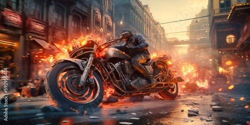 a motorcycle being used to pass through a city while fighting fire, photo