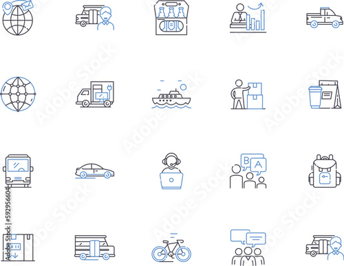 Warehouse management outline icons collection. Warehousing, Inventory, Logistics, Dispatch, Automation, Ergonomics, Processes vector and illustration concept set. Fleet, Delivery, Compliance linear