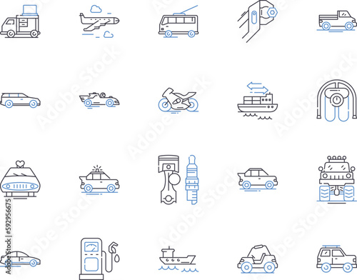 Transport and location outline icons collection. Transport, Location, Voyage, Journey, Shipping, Move, Express vector and illustration concept set. Trip, Haul, Relocate linear signs