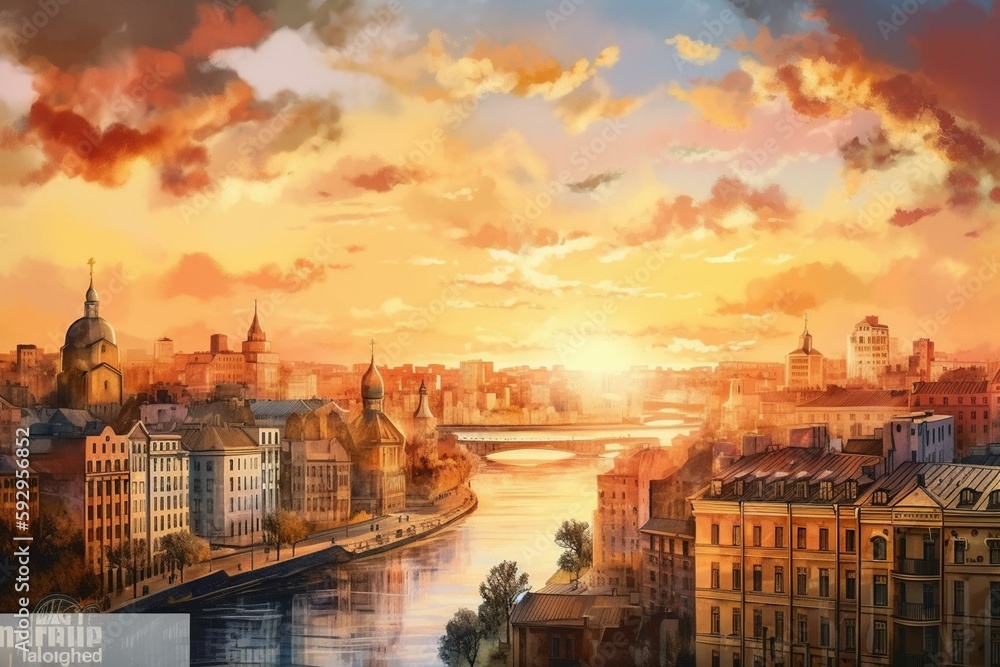 Beautiful capital city in the sunrise evening on watercolor illustration painting background. Generative AI