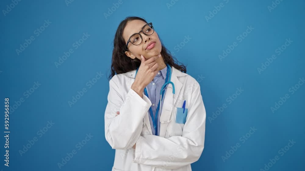 Young beautiful hispanic woman doctor standing with doubt expression thinking over isolated blue background Young beautiful hispanic woman doctor standing with doubt expression thinking over isolated blue background