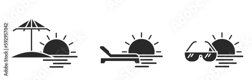 summer and beach vacation icon set. beach umbrella, sunbed, sea and sun. vector image for tourism design