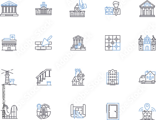 Buildings outline icons collection. Architecture, Structures, Edifices, Skylines, Infrastructures, Skyscrapers, Facades vector and illustration concept set. Turrets, Spires, Columns linear signs