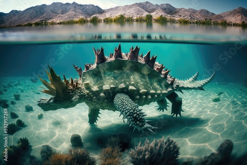 stegosaurus swimming in crystal-clear water lagoon, created with generative ai photo