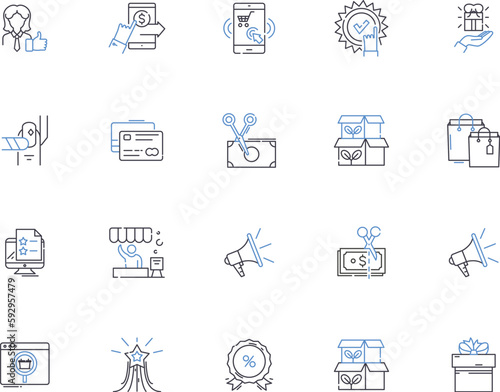 Store outline icons collection. Shop, Outlet, Stock, Stockroom, Depot, Bazaar, Mart vector and illustration concept set. Supermarket, Emporium, Boutique linear signs