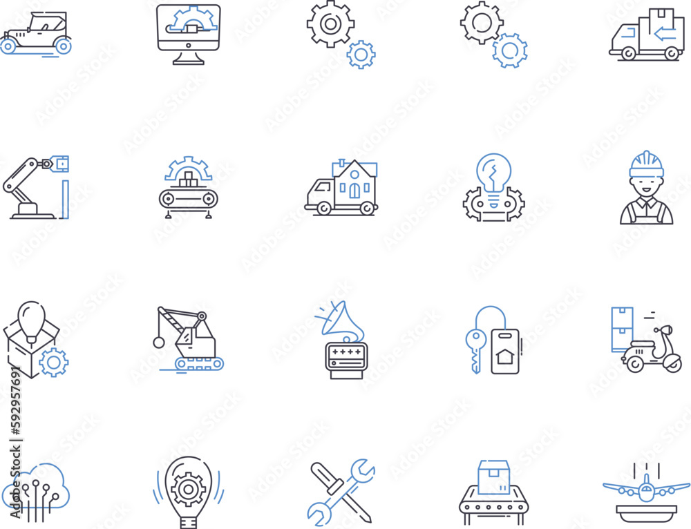 Mechanics outline icons collection. Mechanics, Repair, Motor, Automotive, Engineering, Torque, Friction vector and illustration concept set. Restitution, Dynamics, Force linear signs