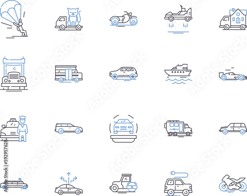 Transport services outline icons collection. Transportation, Shipping, Logistics, Delivery, Courier, Transiting, Haulage vector and illustration concept set. Freight,Hauling,Taxi linear signs