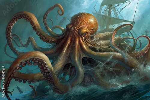 octopus kraken using tentacles to battle giant squid, created with generative ai photo