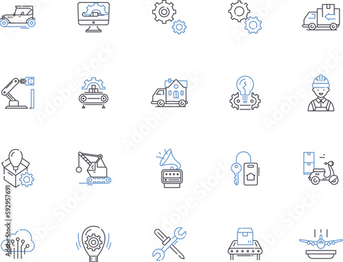 Mechanics outline icons collection. Mechanics, Repair, Motor, Automotive, Engineering, Torque, Friction vector and illustration concept set. Restitution, Dynamics, Force linear signs