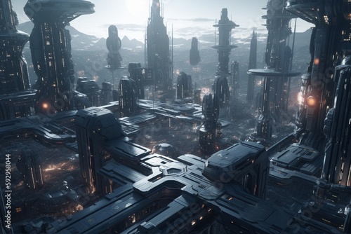 A futuristic cityscape with advanced space travel and exploration technology  Generative AI
