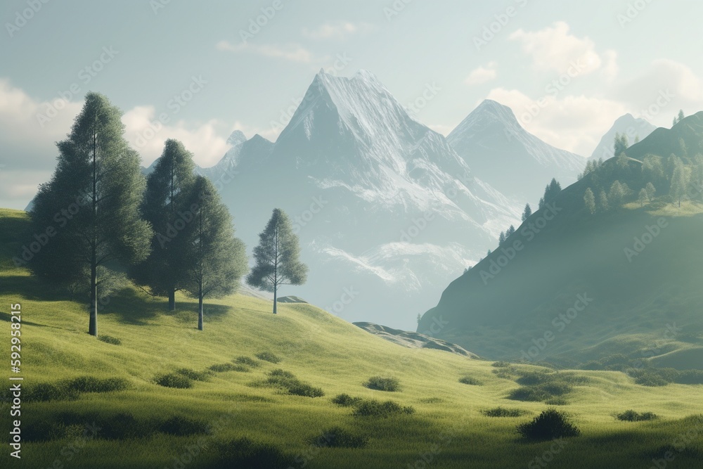 A minimalist landscape with a scenic mountain or hillside, Generative AI