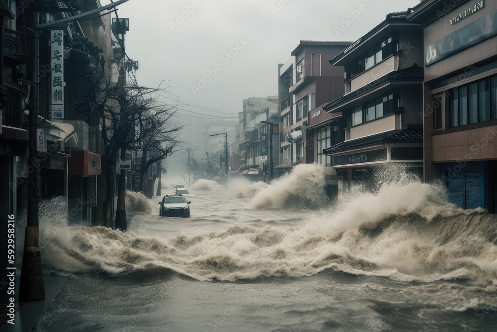 tsunami wave crashes into coastal city, flooding streets and destroying ...