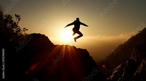 Men jump cliff sun light over silhouette. AI generative
