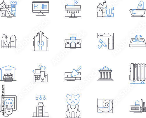 Houses and household outline icons collection. House, Household, Home, Dwelling, Residence, Abode, Villa vector and illustration concept set. Cottage, Condo, Apartment linear signs