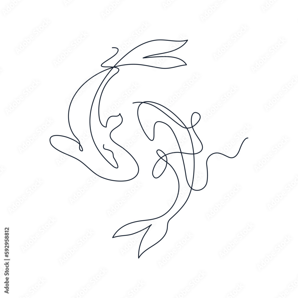 Two koi carp fish in a continuous single line drawing style. One line hand drawing vector illustration. Two koi carp fish in a continuous single line drawing style. One line hand drawing vector illustration.