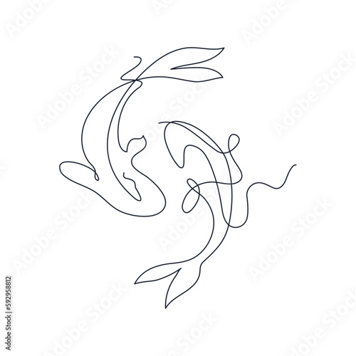 Two koi carp fish in a continuous single line drawing style. One line hand drawing vector illustration.