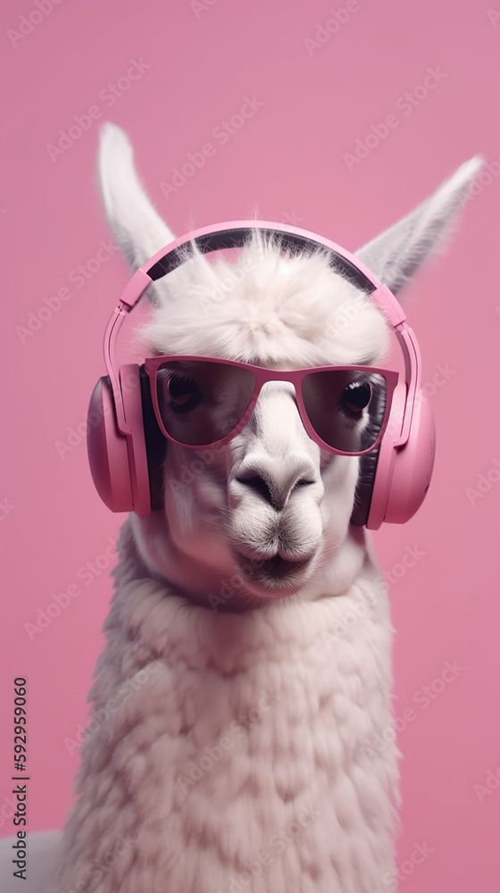 Fun Llama in a pink glasses, with a rainbow unicorn horn and in a headphones. Follow your dreams