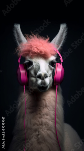 Funny poster. Portrait of Llama with a headphones. No drama lettering quote