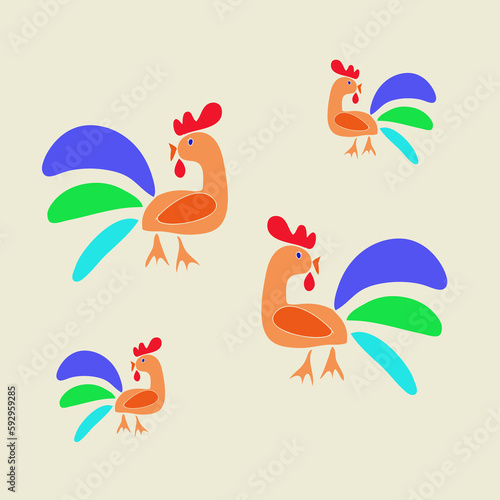 Stylized colored roosters. Hand drawn.