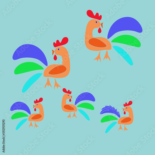 Stylized colored roosters. Hand drawn.