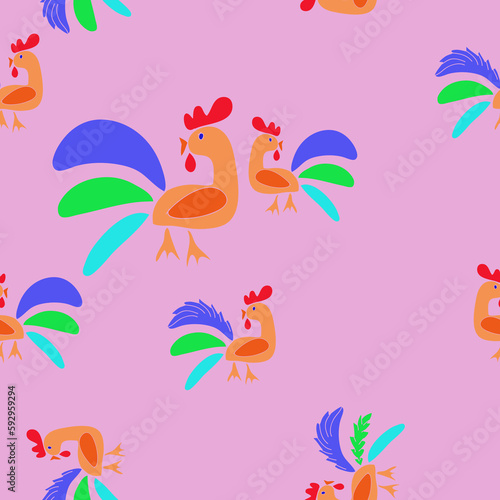 Seamless stylized colored roosters. Hand drawn.