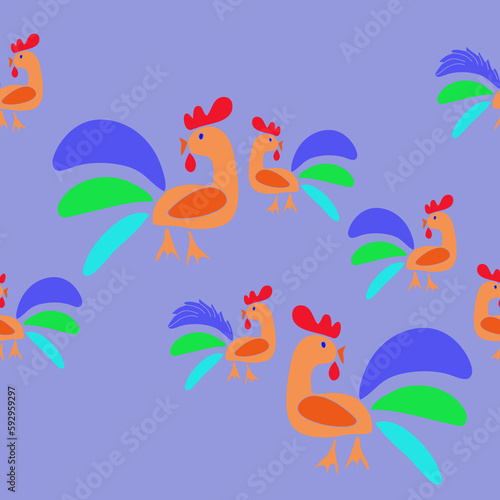 Horizontal stylized colored roosters. Hand drawn.