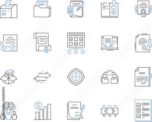 Office administration outline icons collection. Office, administration, management, clerical, operations, supervision, scheduling vector and illustration concept set. records, security, receptionist