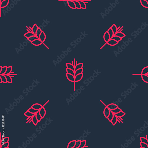 Red line Cereals set with rice, wheat, corn, oats, rye, barley icon isolated seamless pattern on black background. Ears of wheat bread symbols. Vector