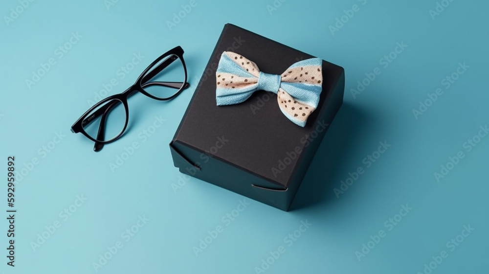 Father's Day concept. Top view photo of giftbox in blue necktie glasses with mustache and postcard on isolated blue background Generative AI Father's Day concept. Top view photo of giftbox in blue necktie glasses with mustache and postcard on isolated blue background Generative AI