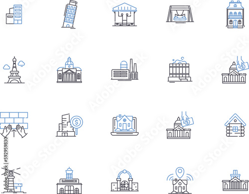 Urban design outline icons collection. Urban, Design, Streetscape, Planning, Landscape, Architecture, Infrastructure vector and illustration concept set. Facade, Community, Civic linear signs